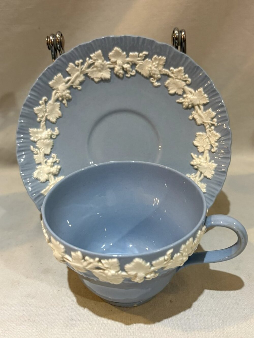 Vintage Wedgwood Queens Ware Cup & Saucer Embossed Floral White Blue